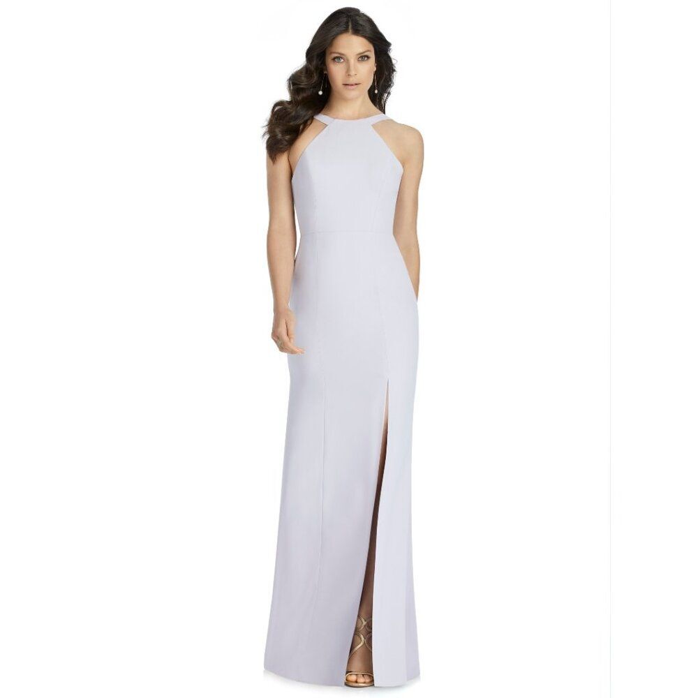 Dessy Long Lilac Purple Crepe Open-Back Halter Dress with slit